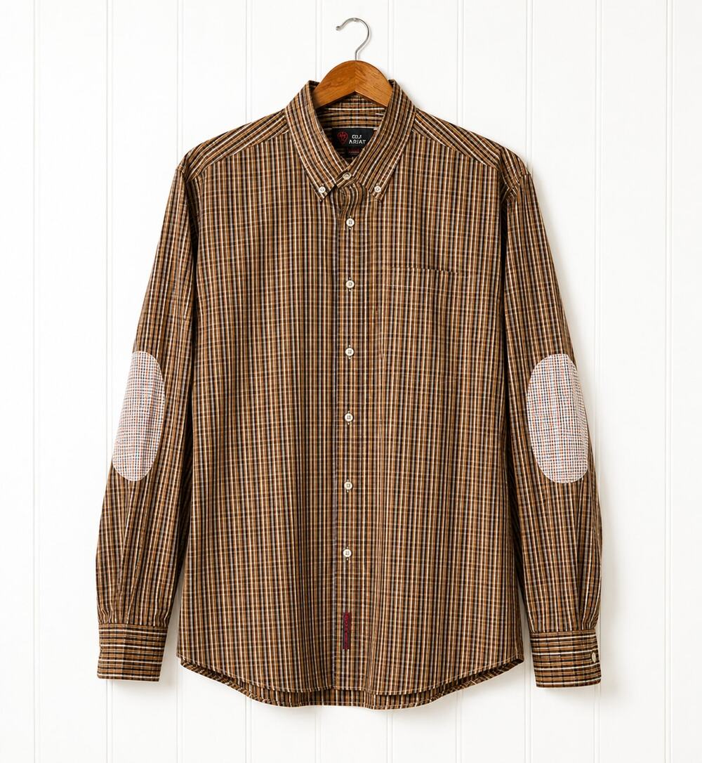 Billy Jealousy Men's XL Plaid Button Down Shirt Brown Cotton Elbow Patch Casual
